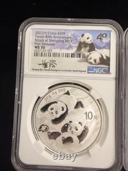 2022 (G) (Y) (S) Coffret de 3 pièces Panda d’argent chinois NGC MS 70 Huang Qin SIGNÉ