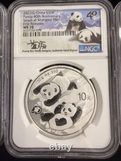 2022 (G) (Y) (S) Coffret de 3 pièces Panda d’argent chinois NGC MS 70 Huang Qin SIGNÉ