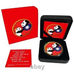 2023 30g Drapeau d'Amitié Chine Taïwan Colorisé Panda en Argent Émaillé Doré à l'Or 24k