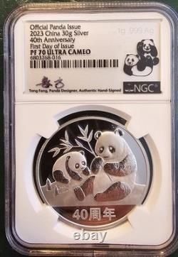 2023 Chine 30g Argent, 40e Anniversaire Panda, Ngc Pr70 Uc Fdi, Signé Tong Fang
