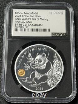 2024 1 Oz 999 Argent épreuve Chine Panda ANA Salon Mondial de l'Argent PF 70 Ultra Cam
