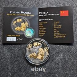2025 1OZ 10Yuan Argent Panda Chine Empire Noir Gildé en Or 24kt PROOF UNIQUEMENT 500 35