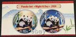 2026 2 x 30 grammes. Ensemble de pièces Panda Chine 10¥ en argent 999 colorisées Nuit et Jour 	<br/> 

