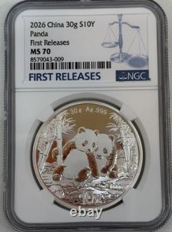 2026 NGC MS70 Chine Panda Argent 10 yuans Premières émissions S10Y 30 g. Argent fin 999