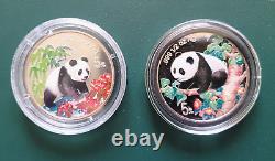 2 pièces 1997 & 1998 Chine Panda 1/2 oz 0.999 Argent Épreuve Colorisée dans un airtite