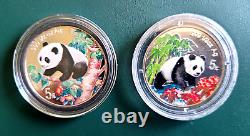 2 pièces 1997 & 1998 Chine Panda 1/2 oz 0.999 Argent Épreuve Colorisée dans un airtite