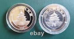 2 pièces 1997 & 1998 Chine Panda 1/2 oz 0.999 Argent Épreuve Colorisée dans un airtite