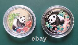 2 pièces 1997 & 1998 Panda de Chine 1/2 oz 0,999 Argent épreuve colorisée dans un airtite