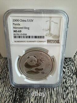 Bague Miroir? 2000 Chine 10 Yuan 1 once Panda pièce d'argent NGC MS69 très rare