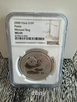 Bague Miroir? 2000 Chine 10 Yuan 1 once Panda pièce d'argent NGC MS69 très rare