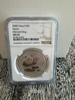 Bague Miroir? 2000 Chine 10 Yuan 1 once Panda pièce d'argent NGC MS69 très rare