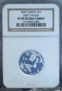 CHINE 2007 Ensemble complet de 25 pièces Panda en argent de 3 yuans 25e anniversaire NGC PF69 ULTRA CAMEO