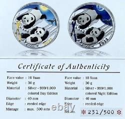 CHINE (2) 10 Yuans 2022 Panda Colorisé en Argent 999 - Ensemble de pièces Jour & Nuit - OGP/COA