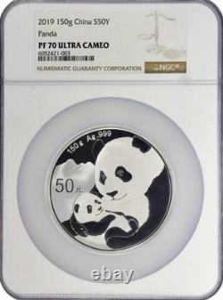 CHINE. 50 yuans en argent (150 grammes), 2019. Série Panda. NGC PROOF-70 Ultra Cameo