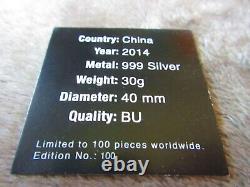 COA #100/100 2014 PANDA ECSTASY Monnaie en Argent Colorisée ¥10 Yuan Chine