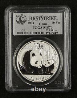 China Panda Silver Coin 10 Yuan 2011, Pcgs Ms70, Première Grève