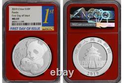 Chine 10 Yuan 2019 Panda Chinois Premier jour d'émission NGC MS 69 Pièce en Argent