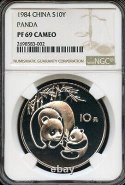 Chine 1984 27 Grammes 10 Yuans Pièce en argent Panda Preuve NGC PF69 Cameo Date CLÉ