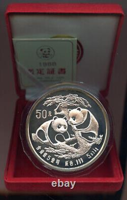 Chine 1988 Argent 50 Yuan, 5 onces Panda, avec certificat