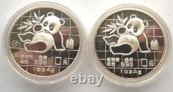 Chine 1989 Panda 10 Yuan 1oz Ensemble de 2 pièces en argent, qualité épreuve + non circulée.