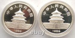 Chine 1989 Panda 10 Yuan 1oz Ensemble de 2 pièces en argent, qualité épreuve + non circulée.
