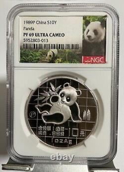 Chine 1989 Panda argenté 1 oz 10 Yuan pièce de monnaie épreuve, NGC PF69