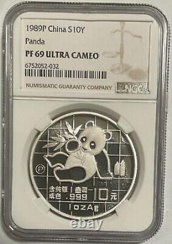 Chine 1989 Panda en argent 1 once 10 Yuan pièce de qualité proof, NGC PF69