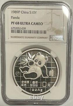 Chine 1989 Panda en argent 1 once 10 yuans pièce de preuve, NGC PF68