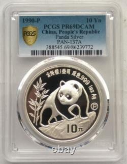 Chine 1990 Panda P 10 Yuan 1oz PCGS PR69 Pièce en Argent, Épreuve