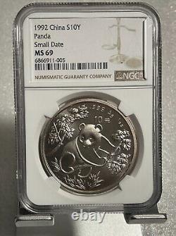 Chine 1992 Panda d'argent 1 once 10 Yuans, pièce NGC MS69