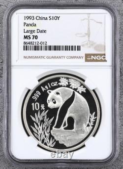 Chine 1993 10 Yuan 1 Ounce Oz Pièce en Argent Panda Grande Date NGC MS70 Top Pop 25/0