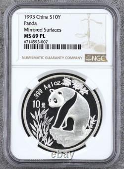 Chine 1993 10 yuans 1 once d’argent Panda miroir surfaces NGC MS 69 PL
