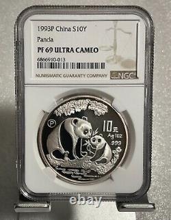 Chine 1993 Panda en argent 1 once 10 Yuans pièce de collection, NGC PF69