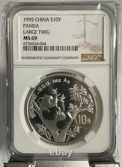 Chine 1995 1 once panda en argent, NGC MS69 Grande Date