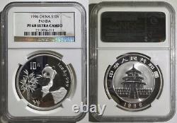 Chine 1996 10 Yuan 1 Once Oz Argent P Pièce Panda NGC PROOF PF 68 Ultra Cameo