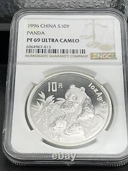 Chine 1996 10 Yuan 1 Oz Argent Proof Panda Ngc Pf69 Ultra Cameo