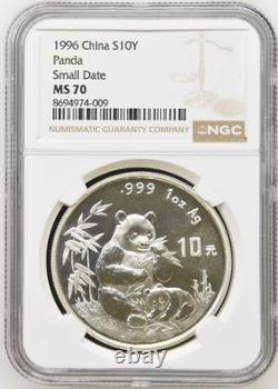 Chine 1996 1 oz 999 argent Panda 10 yuans pièce NGC MS70 petite date grade parfait