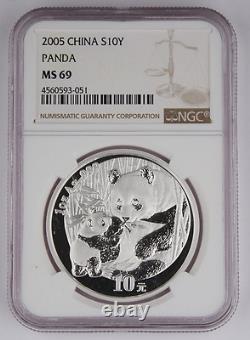 Chine 2005 1 Oz 999 Argent Panda 10 Yuan Pièce NGC MS69 GEM BU+