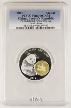 Chine 2018 ANA Foire Mondiale de l'Argent Médaille Panda en Argent Gilt de 50 Grammes PCGS PR69