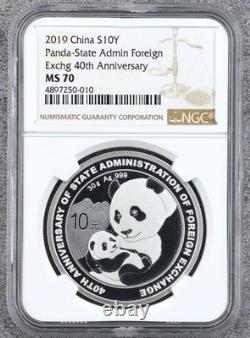 Chine 2019 10 yuans 30 grammes once oz 40e Panda argent des changes étrangers NGC MS70