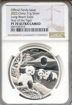 Chine 2022 Long Beach 1oz Panda en argent, Année du Tigre, NGC PROOF 70