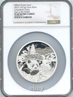 Chine 2023 Long Beach 5oz Argent Panda, Année du LAPIN NGC PROOF 69 avec COA