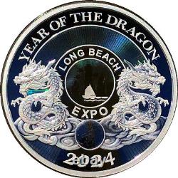 Chine 2024 Dragon 1oz Argent Panda, Année du Dragon PROOF Expo Long Beach