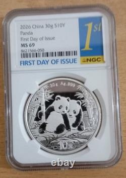 Chine - 2026 10 yuans 30 g once d’argent Panda NGC MS69 Premier Jour d’Émission