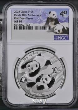 Chine Panda en argent 10 yuans 2022 Panda 40e anniversaire première journée d’émission NGC MS 70