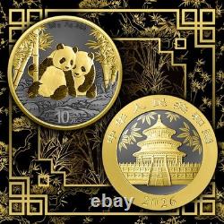 Édition 2026 Chine Panda 30 grammes argent anneau doré plaqué or et ruthénium