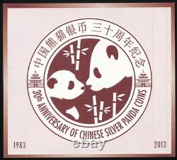 Ensemble 30ème anniversaire 2013 Panda de Chine 10 Yuan 1 Oz. Argent 999 avec OGP + COA