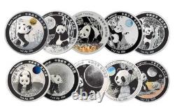 Ensemble de 10 pièces Panda Festival de la Lune en argent 1 oz 2025, designs 2015-2024, client international