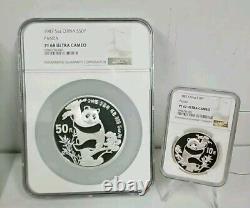 Ensemble de deux pièces en argent Panda de Chine 1987 preuve de qualité 1 oz & 5 oz 10 & 50 Yuan Coffret/COA #335
