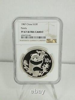 Ensemble de deux pièces en argent Panda de Chine 1987 preuve de qualité 1 oz & 5 oz 10 & 50 Yuan Coffret/COA #335